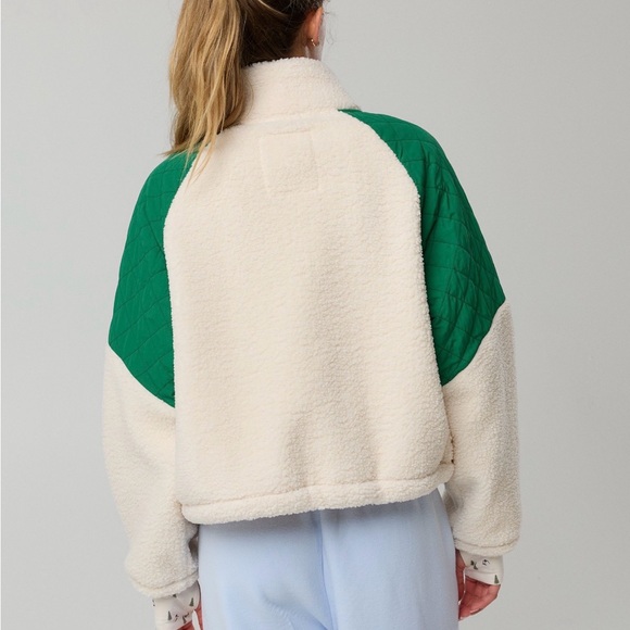 aerie Cream Sherpa Jacket with Green Quilted Shoulders - Picture 2 of 14